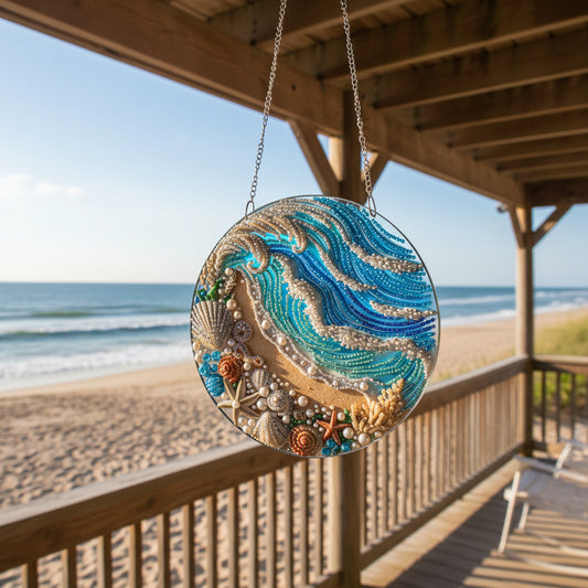 Hanging Diamond Art Suncatcher with Blue Ocean waves on a Beach full of Seashells and Sea Creatures