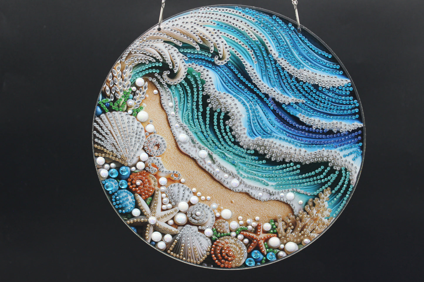 Hanging Diamond Art Suncatcher with Blue Ocean waves on a Beach full of Seashells and Sea Creatures