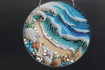 Hanging Diamond Art Suncatcher with Blue Ocean waves on a Beach full of Seashells and Sea Creatures