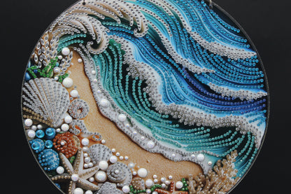 Hanging Diamond Art Suncatcher with Blue Ocean waves on a Beach full of Seashells and Sea Creatures