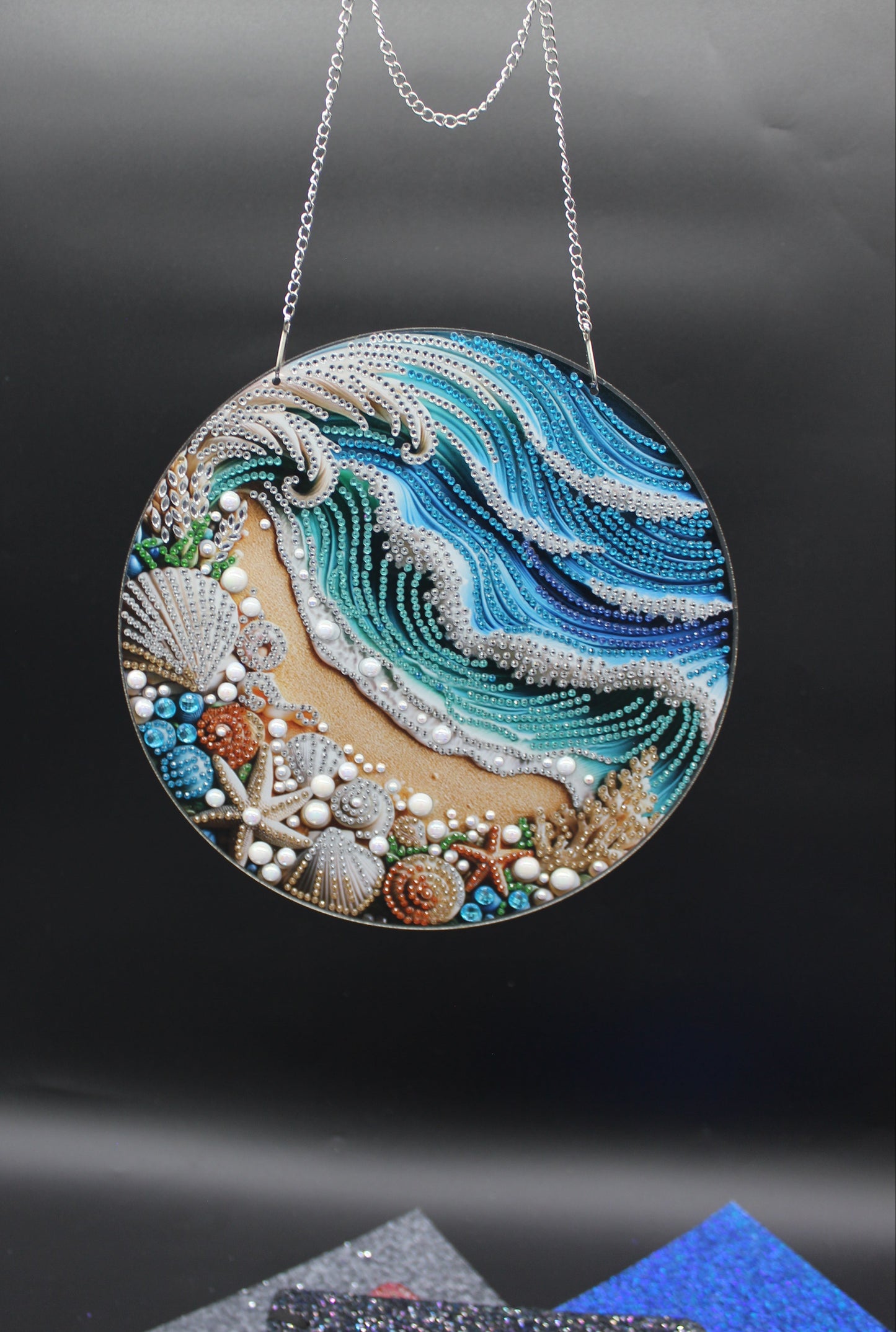 Hanging Diamond Art Suncatcher with Blue Ocean waves on a Beach full of Seashells and Sea Creatures