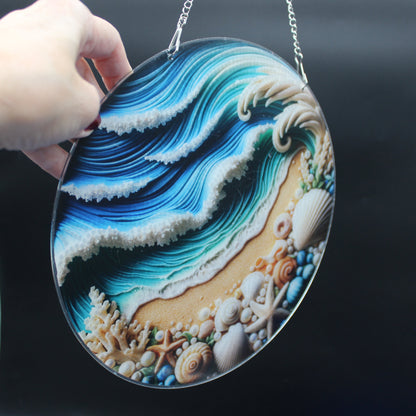 Hanging Diamond Art Suncatcher with Blue Ocean waves on a Beach full of Seashells and Sea Creatures