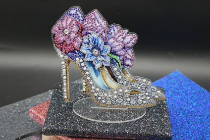 Beautiful Diamond Art table Topper of an Elegant High Heel Shoes with Purple and Blue Flowers