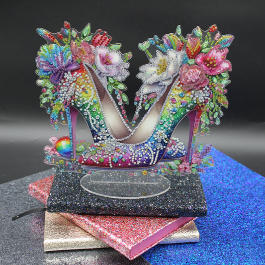 Beautiful Diamond Art Table Topper of an Elegant High Heel Shoes with Multi Colored Flowers