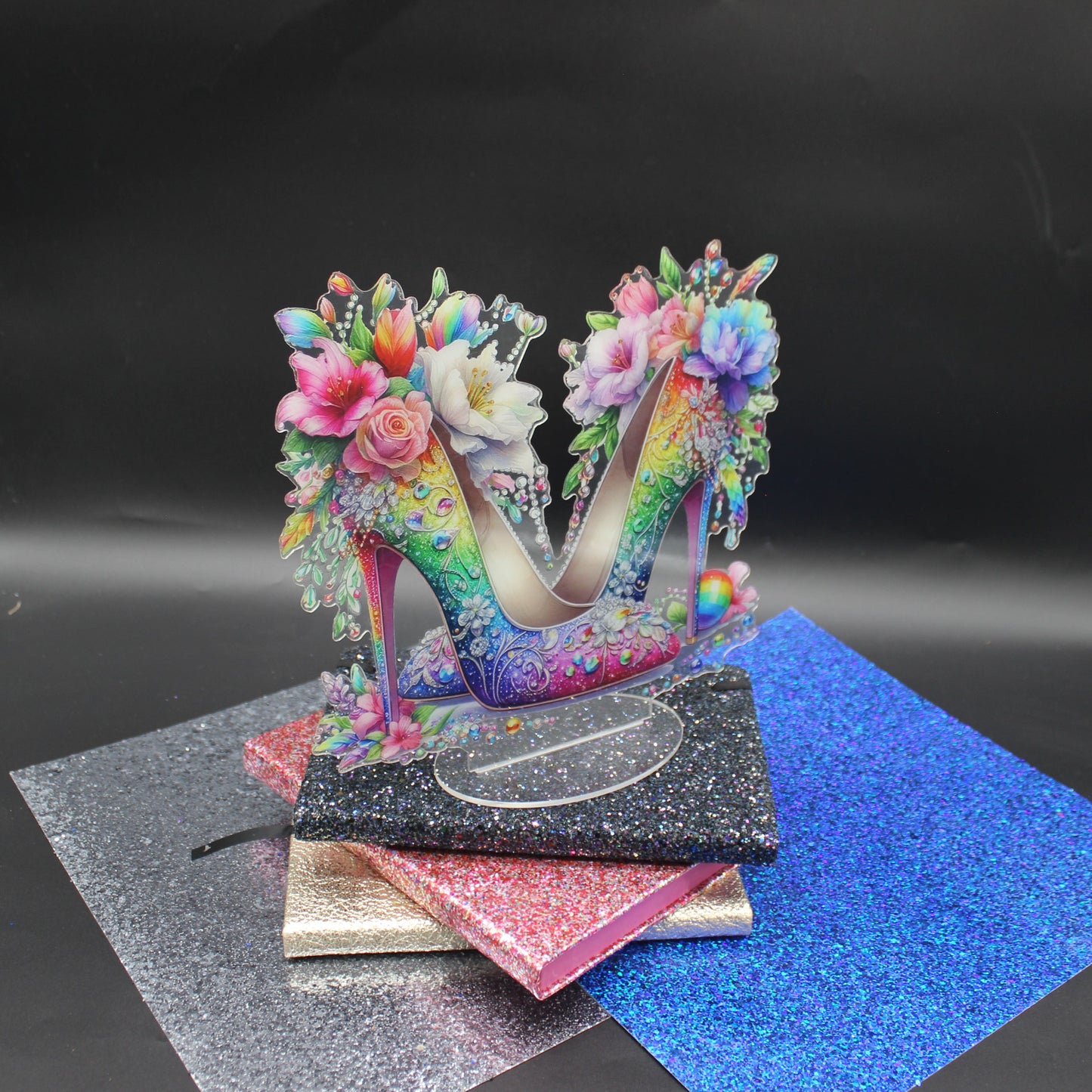 Beautiful Diamond Art Table Topper of an Elegant High Heel Shoes with Multi Colored Flowers