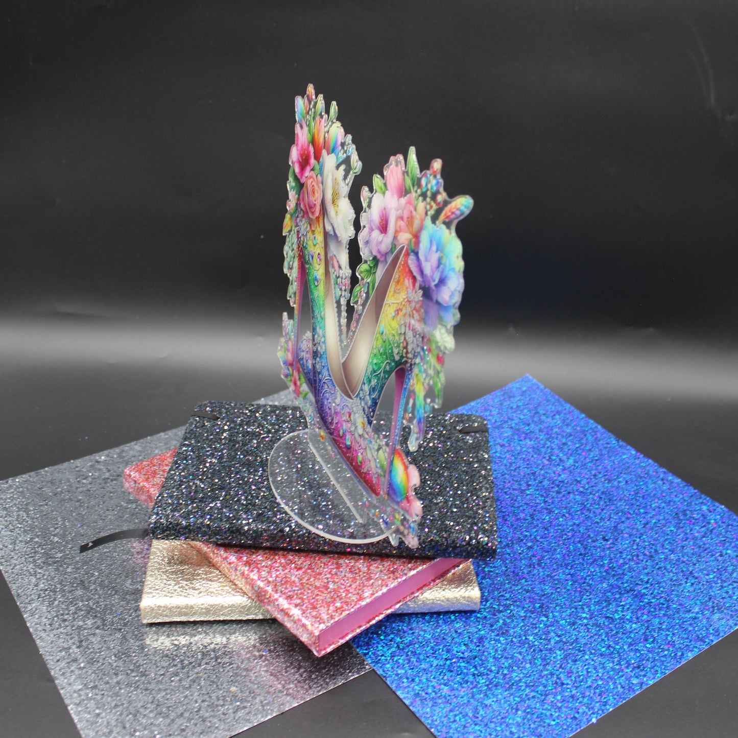 Beautiful Diamond Art Table Topper of an Elegant High Heel Shoes with Multi Colored Flowers