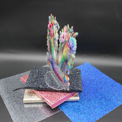 Beautiful Diamond Art Table Topper of an Elegant High Heel Shoes with Multi Colored Flowers