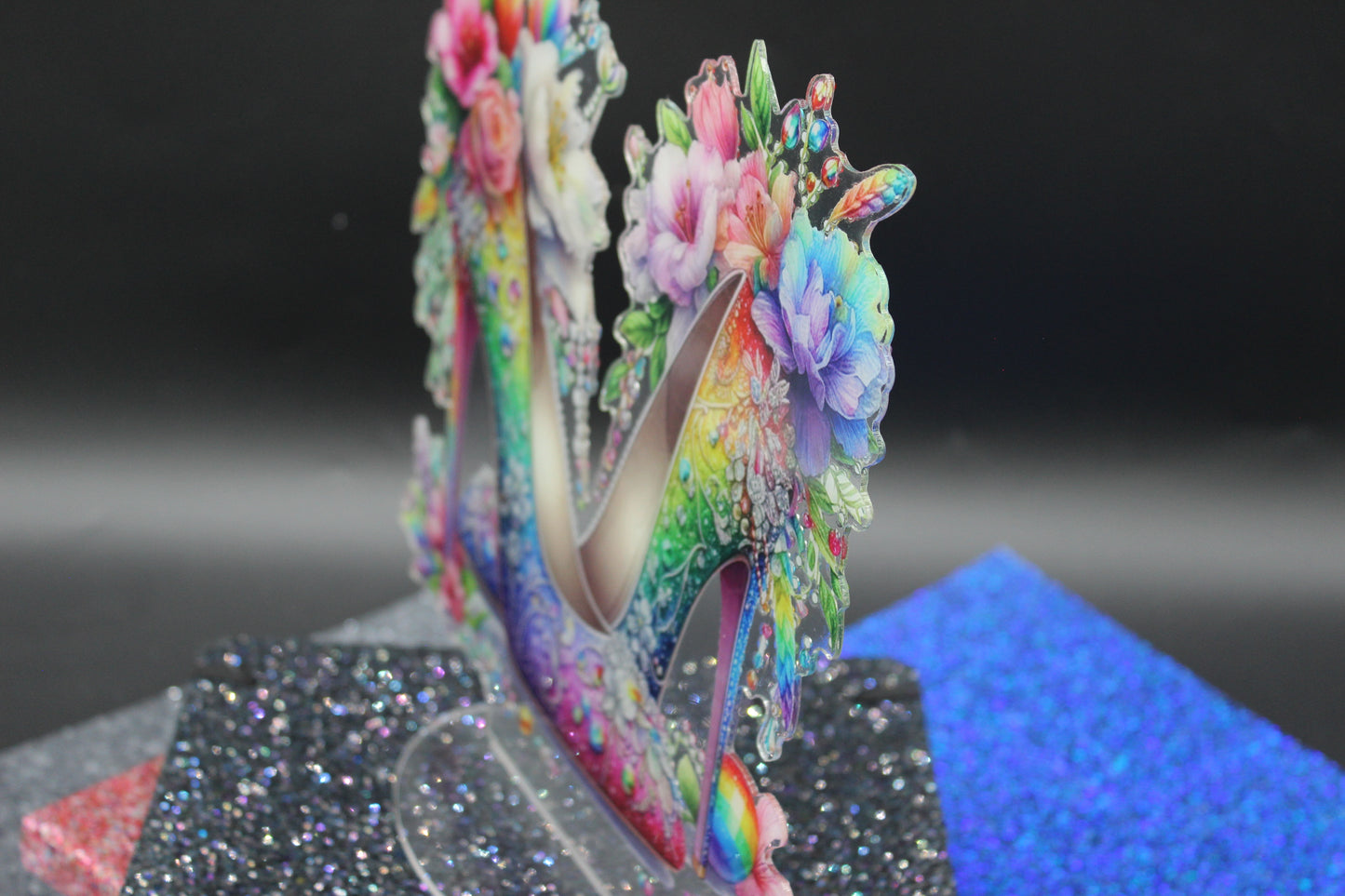 Beautiful Diamond Art Table Topper of an Elegant High Heel Shoes with Multi Colored Flowers