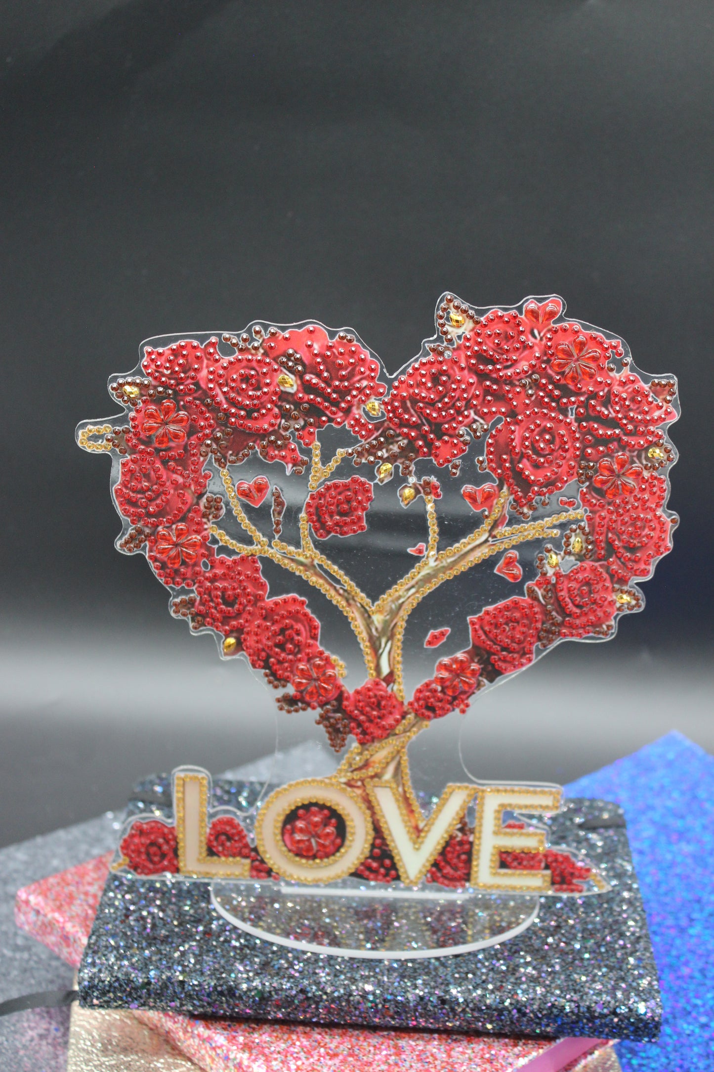 Beautiful Diamond Art Table Topper with Red Roses Formed in the Shape of a Heart