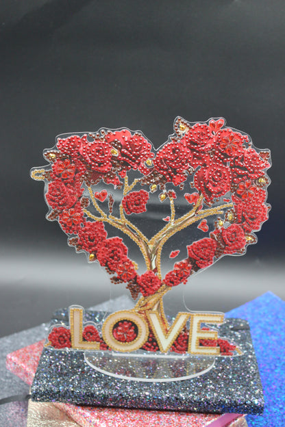 Beautiful Diamond Art Table Topper with Red Roses Formed in the Shape of a Heart