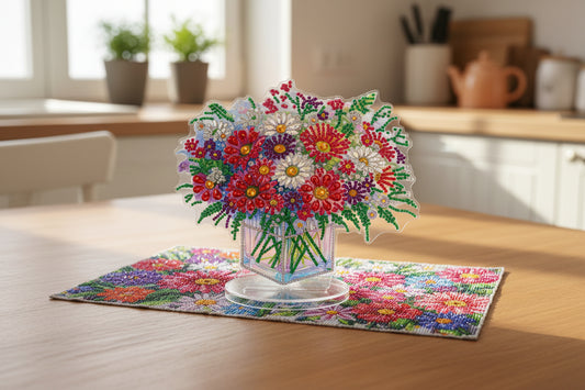 Beautiful Diamond Art Table Topper with Bouquet of Multi Colored Flowers