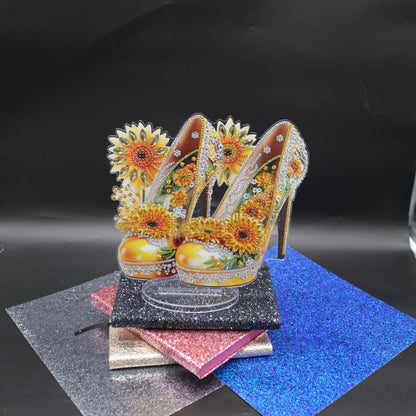 Beautiful Diamond Art Table Topper of an Elegant High Heel Gold Shoes with Sunflowers