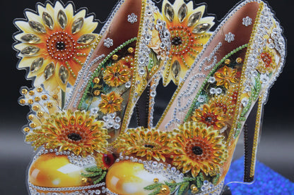 Beautiful Diamond Art Table Topper of an Elegant High Heel Gold Shoes with Sunflowers