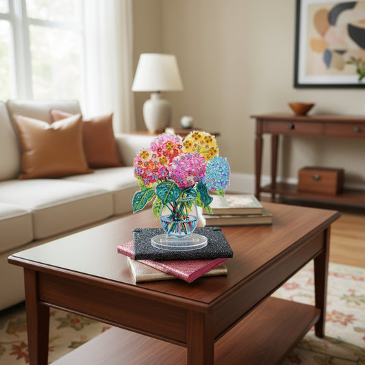 Beautiful Diamond Art Table Topper with Vase of Multi Colored Flowers