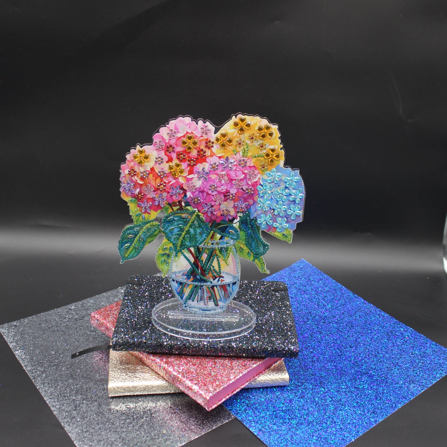 Beautiful Diamond Art Table Topper with Vase of Multi Colored Flowers