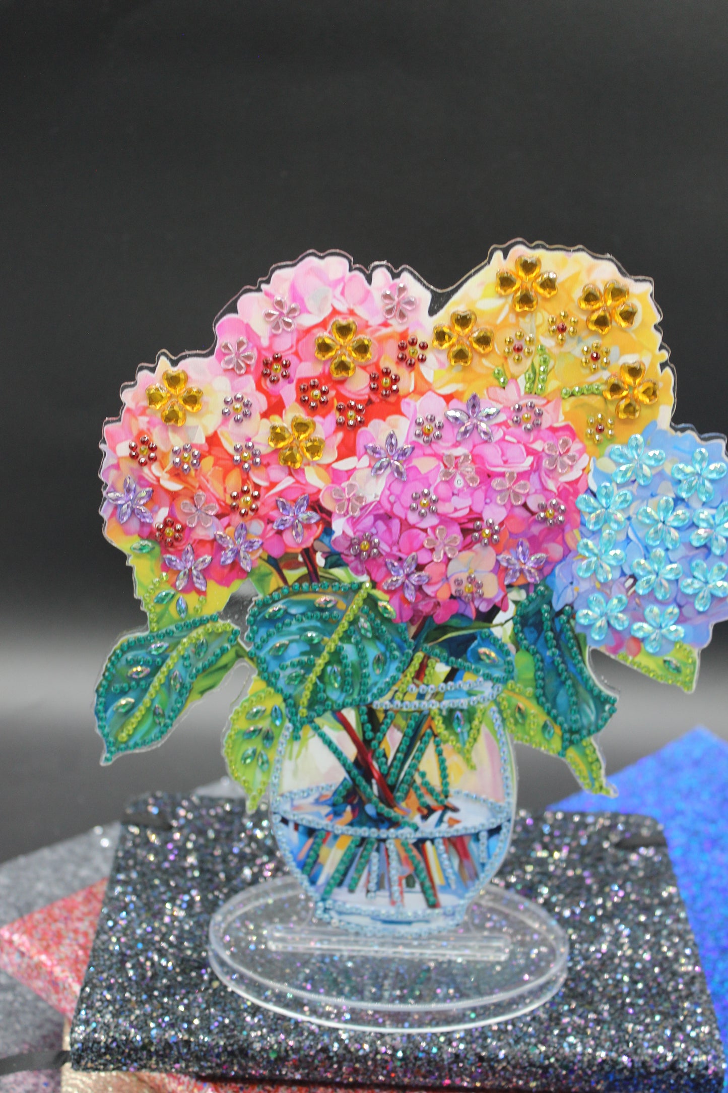 Beautiful Diamond Art Table Topper with Vase of Multi Colored Flowers
