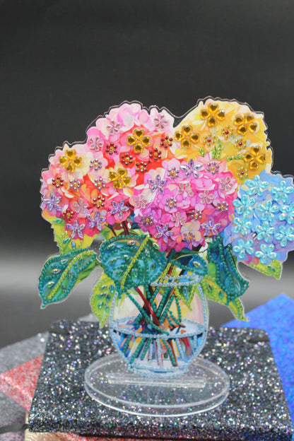 Beautiful Diamond Art Table Topper with Vase of Multi Colored Flowers
