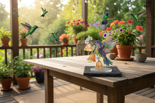 Cutest Little Diamond Art Table Topper featuring a Hummingbird with Yellow Bell Flowers