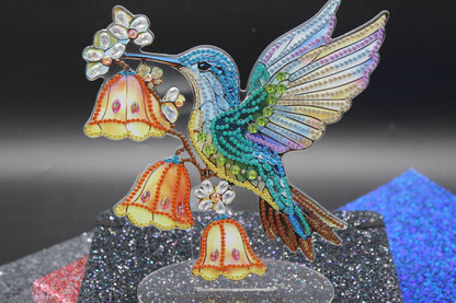 Cutest Little Diamond Art Table Topper featuring a Hummingbird with Yellow Bell Flowers
