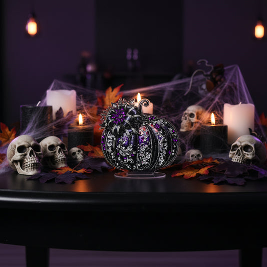Diamond Art Table Topper featuring a Black Pumpkin and orange accents