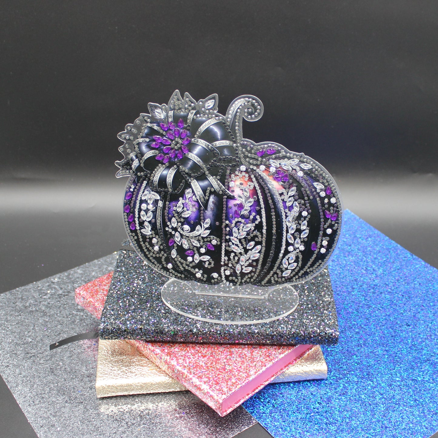 Diamond Art Table Topper featuring a Black Pumpkin and orange accents