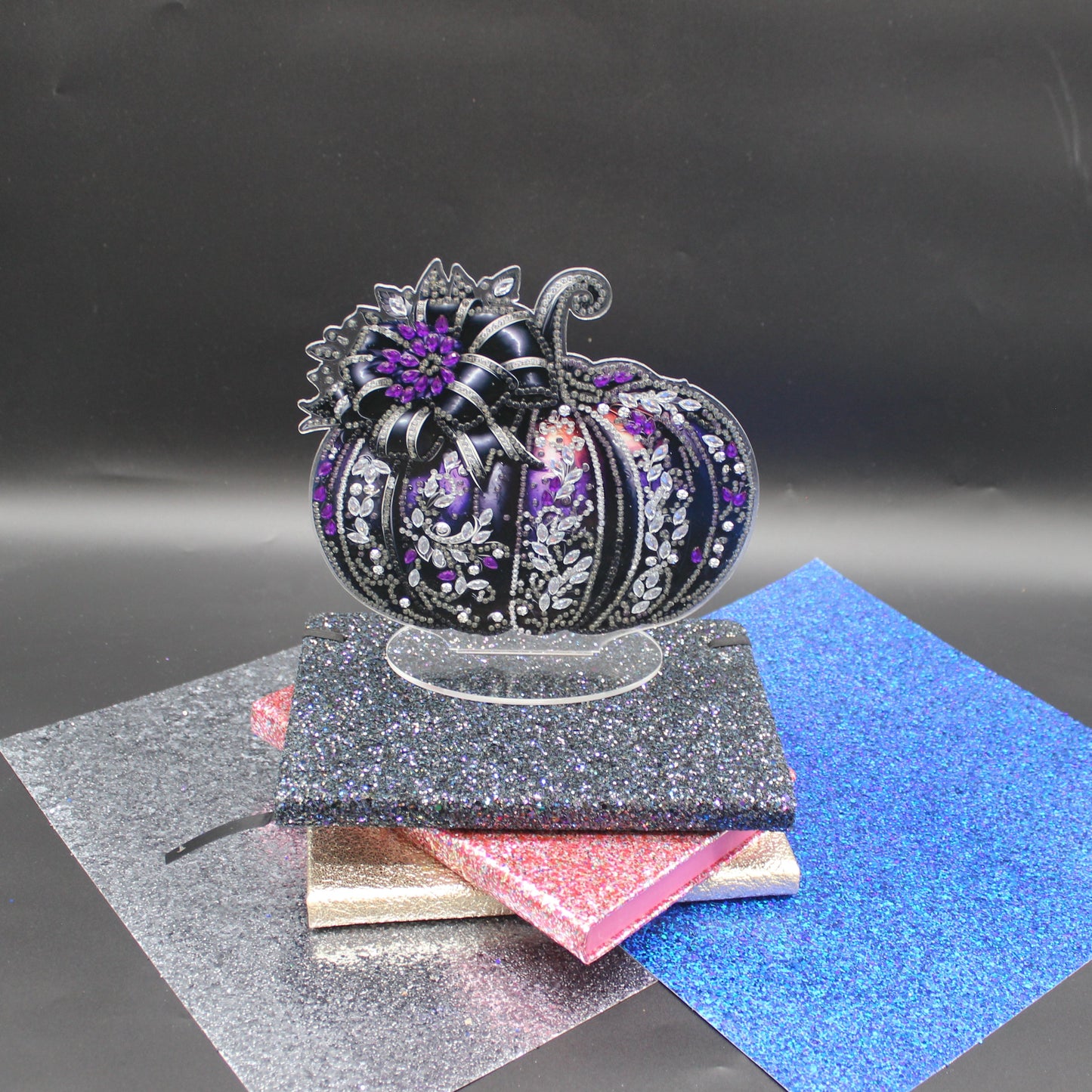 Diamond Art Table Topper featuring a Black Pumpkin and orange accents