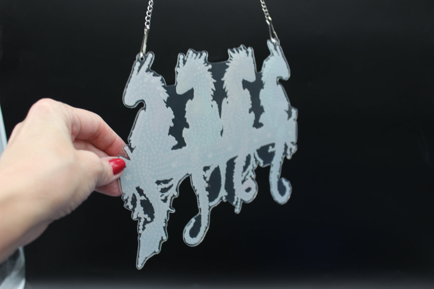 Diamond Art Hanging pendant with multi colored Dragons sitting on a log