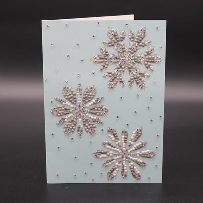 Greeting Card with Charming Snowflakes Will Delight Everyone. Crystals and Rhinestones Each Snowflake's Background IS Superbly Ornate w/Falling Snow No Less