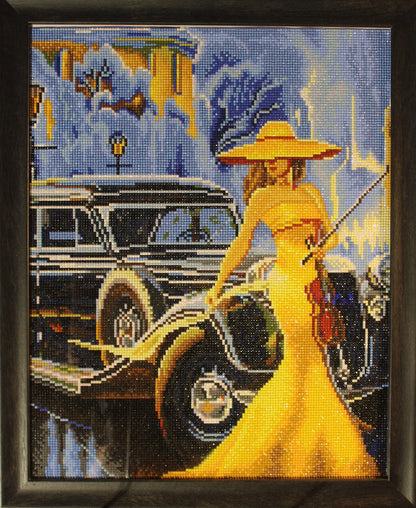 Framed Yellow Dress Lady Serenade Art: Antique Car, Violin