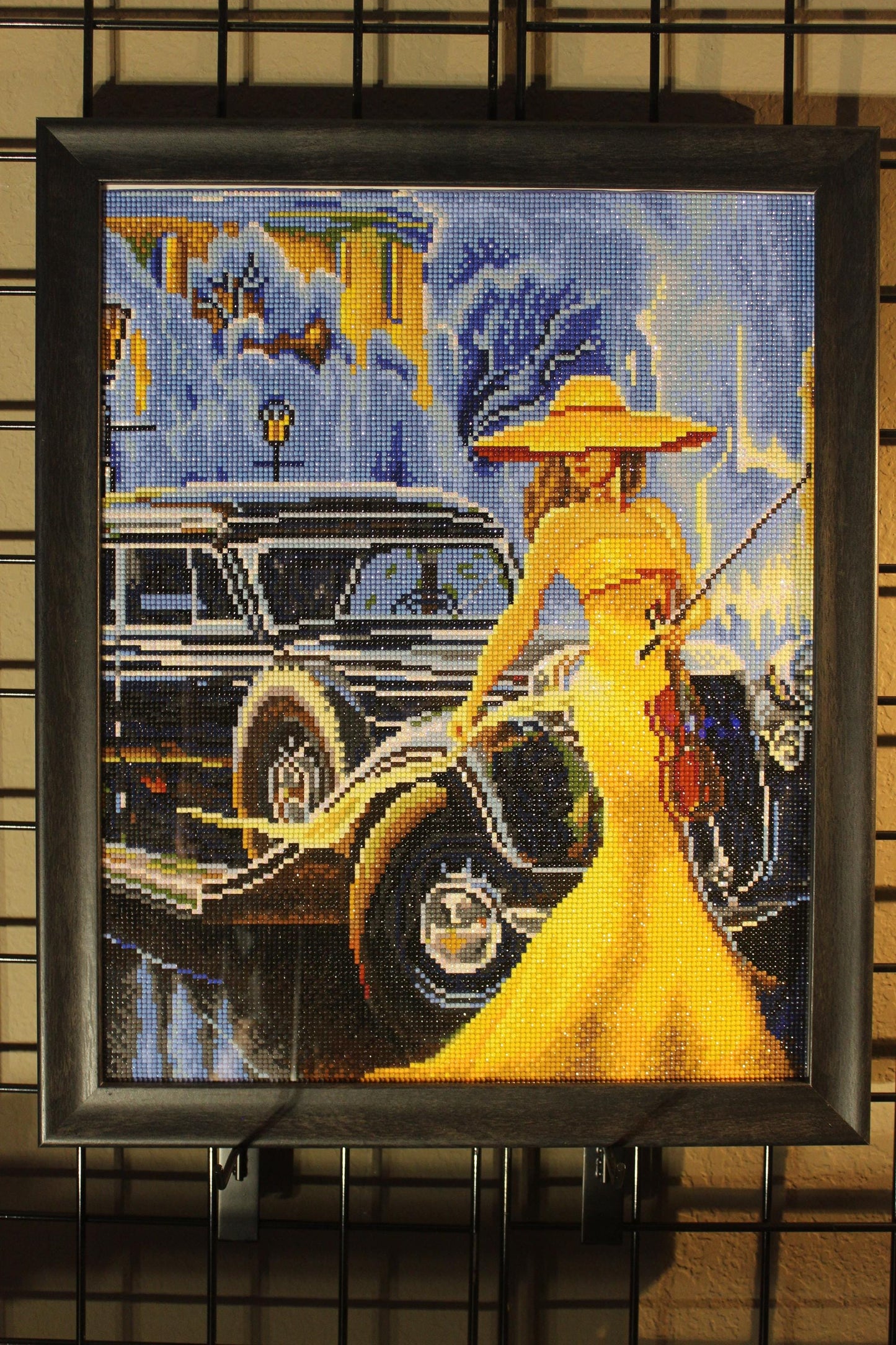 Framed Yellow Dress Lady Serenade Art: Antique Car, Violin